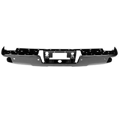 2015-2019 Chevrolet Silverado 3500 Bumper Rear Black With Corner Step/Sensor , GM1102563. Side view of the replacement part.