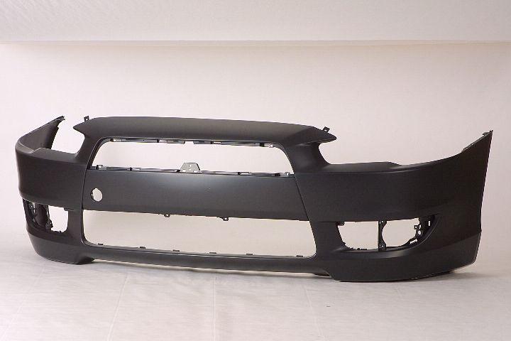 2008-2015 Mitsubishi Lancer Front Bumper Primed Without Spoiler Hole , MI1000324. Side view of the replacement part.