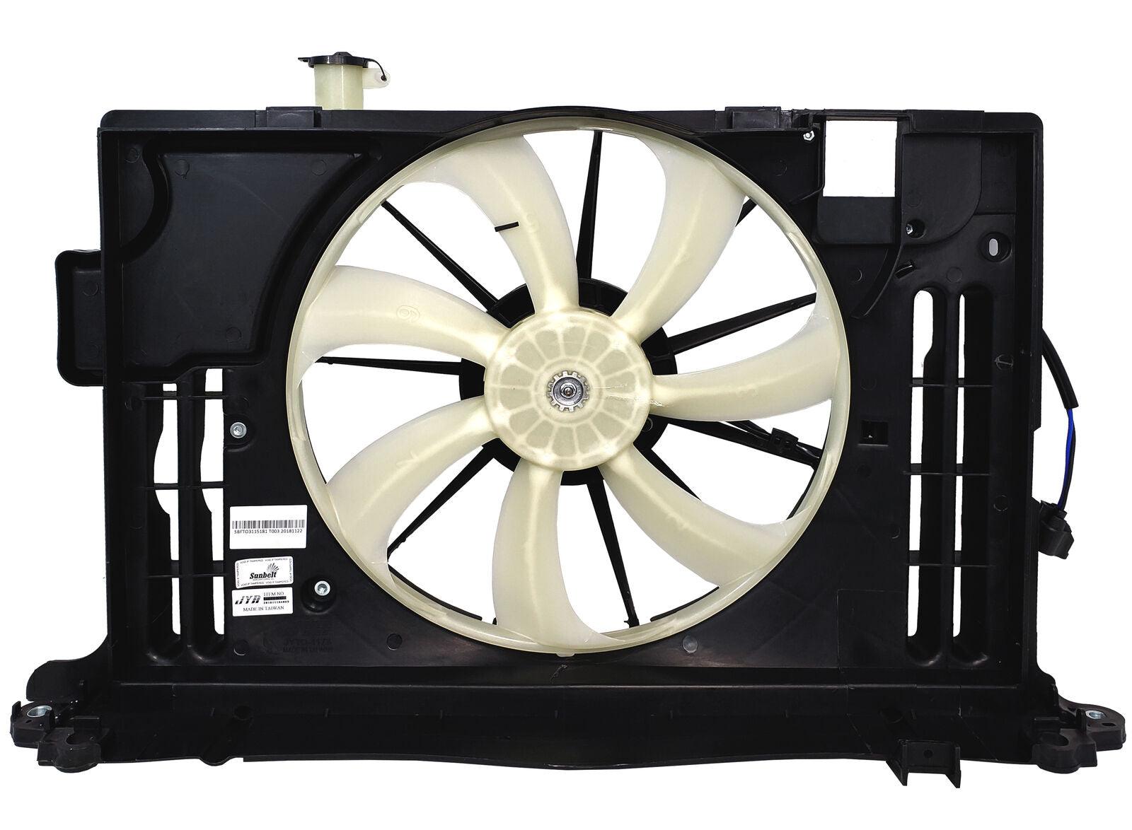 2014-2018 Toyota Corolla Sedan Cooling Fan Assy 4Cyl With Control Module , TO3115192. Angle view for visual reference.